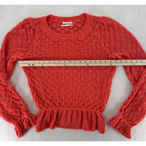 Anthropologie Flounce Hem Pointelle Sweater Orange Coral Knit Lace Sweater M - Picture 10 of 11